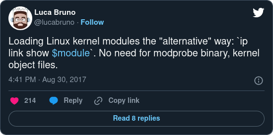Loading Linux kernel modules the 'alternative' way: 'ip link show $module'. No need for modprobe binary, kernel object files. This fixes the problem with RHEL 9 and iptables with Docker