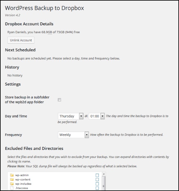 Take a WordPress backup with WordPress to Dropbox